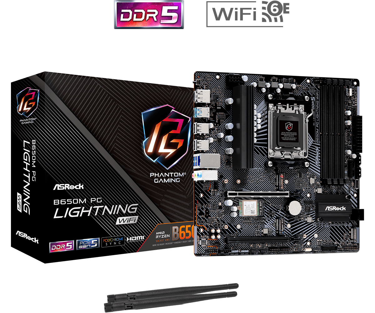 Milwaukee PC - ASRock B650M PG Lightning WiFi - MATX, B650, AM5, 4xDDR5, PCIe5.0, 3xM.2, 4xSATA, Wi-Fi 6E, 2.5G, BT5.2