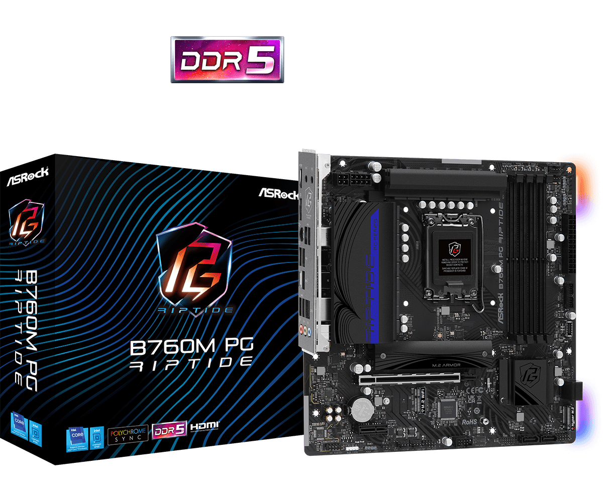 Milwaukee PC - ASRock B760M PG RIPTIDE - MATX, s1700, B760, 4xDDR5, 2xM.2, 4xSATA, 2.5Gb, HDMI, DP  