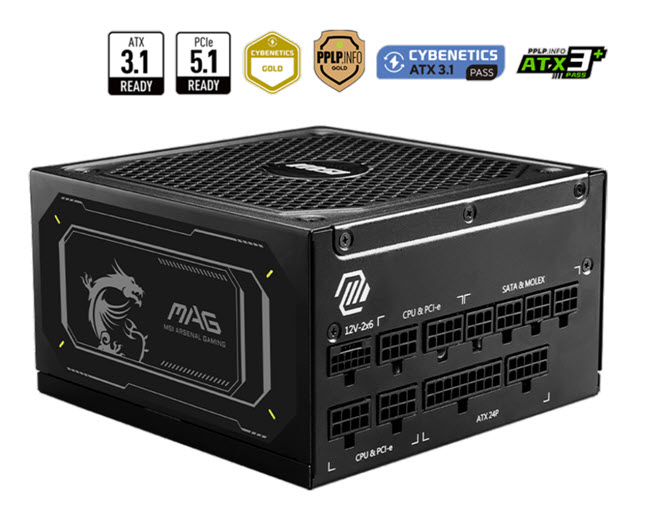 Milwaukee PC - MSI MAG A1000GL PCIE5 II (Black) - 1000W PSU, ATX3.1, PCIe5.1, 80+ Gold, Fully Modular Flat Cables