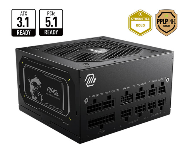 Milwaukee PC - MSI MAG A850GL PCIE5 II (Black) - 850W PSU, ATX3.1, PCIe5.1, 80+ Gold, Fully Modular Flat Cables