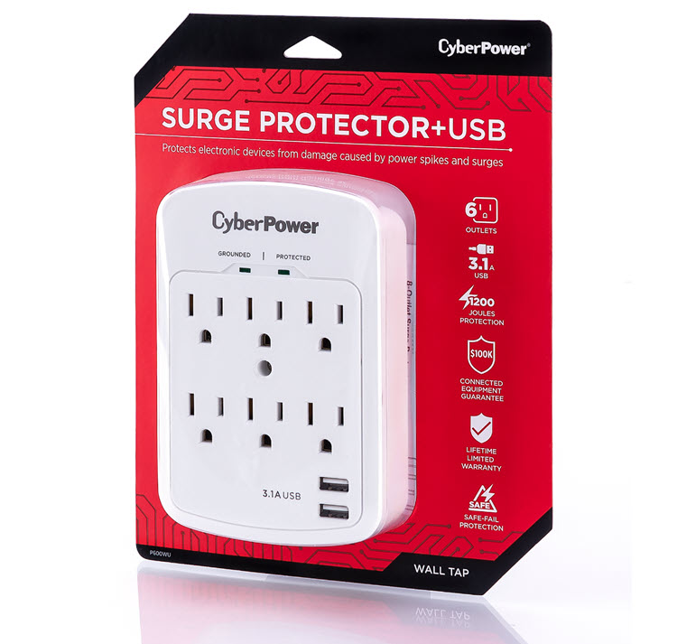 Milwaukee PC - CyberPower P600WU Surge Protector -6 outlets, 2x USB 3.1A Ports, EMI/RFI, MOV 