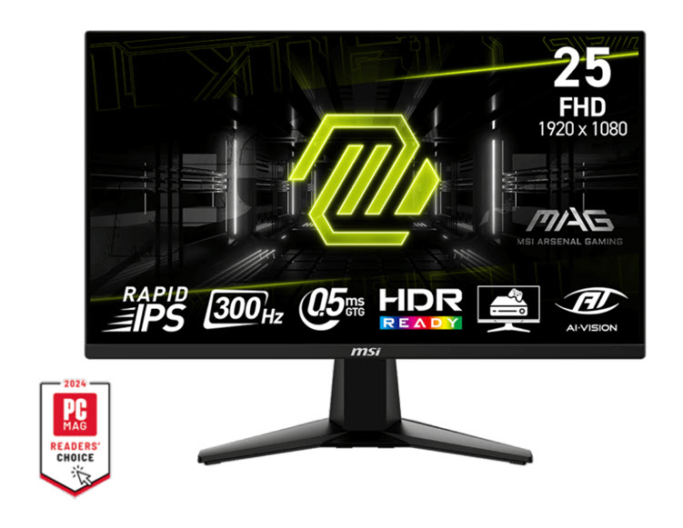 Milwaukee PC - MSI MAG 255XF - 25" FHD Rapid IPS, 250nits, 0.5ms, 300Hz, HDR, Adaptive-Sync, AI Vision, DP, HDMI, Frameless  