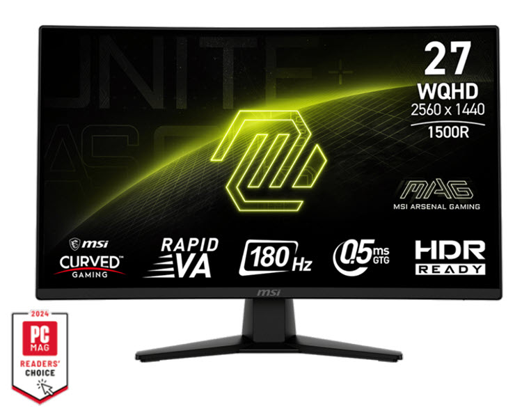 Milwaukee PC - MSI MAG 274CQF - 27" WQHD Rapid VA Curved, 300nits,0.5ms180Hz, Adaptive-Sync, HDR,  AI Vision, DP, HDMI, Frameless