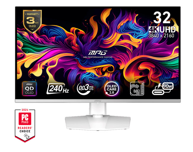 Milwaukee PC - MSI MPG 321URXW QD-OLED(White) - 32" 4K UHD QD-OLED, 450nits, 0.03ms, 240Hz, Adaptive-Sync,DisplayHDR, DP,HDMI, USB-C